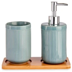 Set Accessories Ceramic Bathroom Bamboo Tray